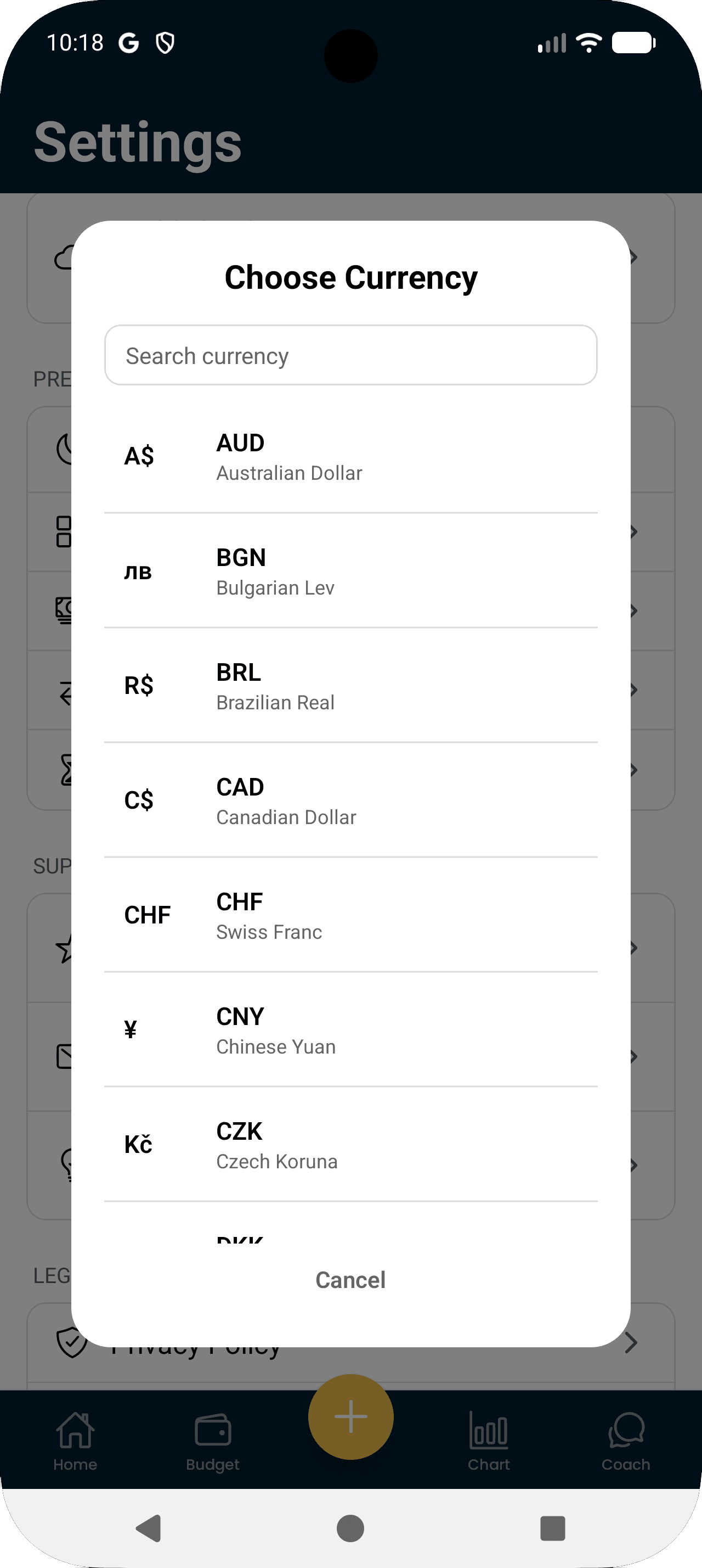 Expense tracking app screen