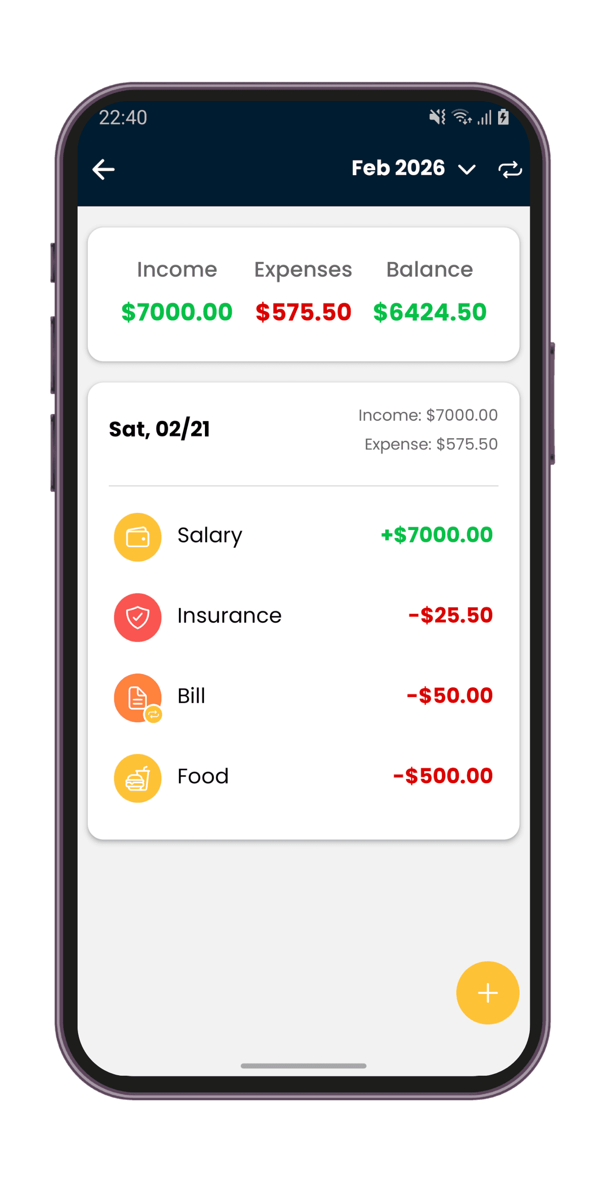 Expense tracking app screen