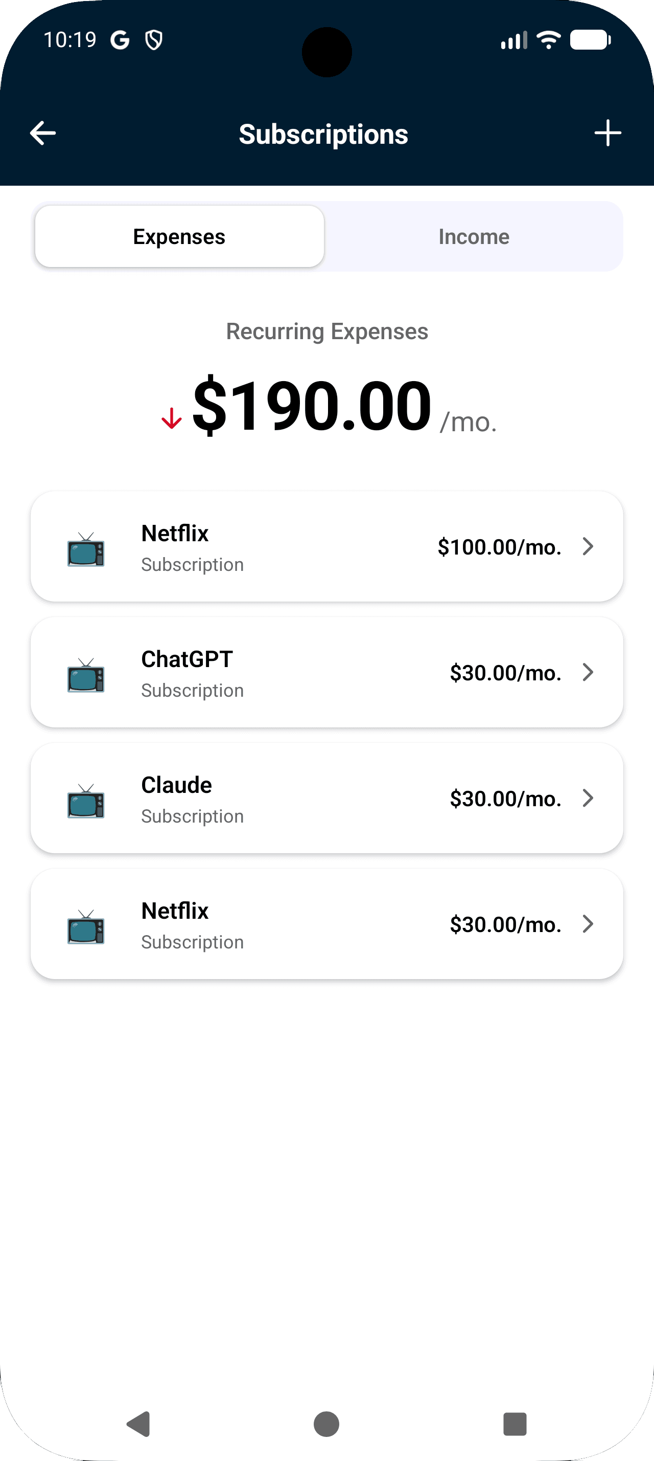 Recurring subscriptions tracking screen
